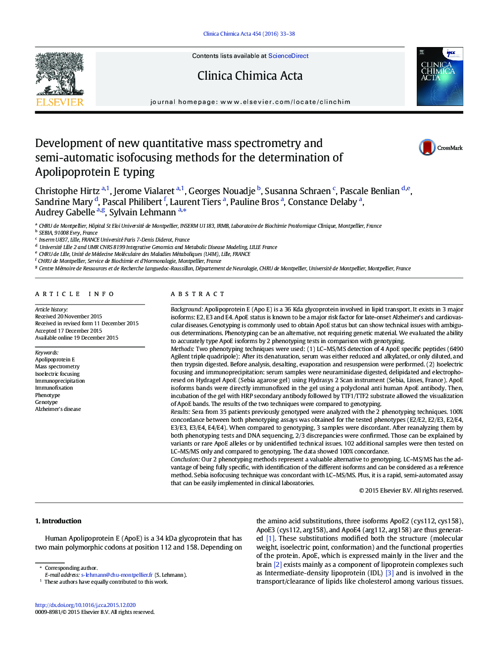 توسعه طیف سنجی جرمی کمی و روش های ایزوفوکوس نیمه اتوماتیک برای تعیین نوع بندی Apolipoprotein E