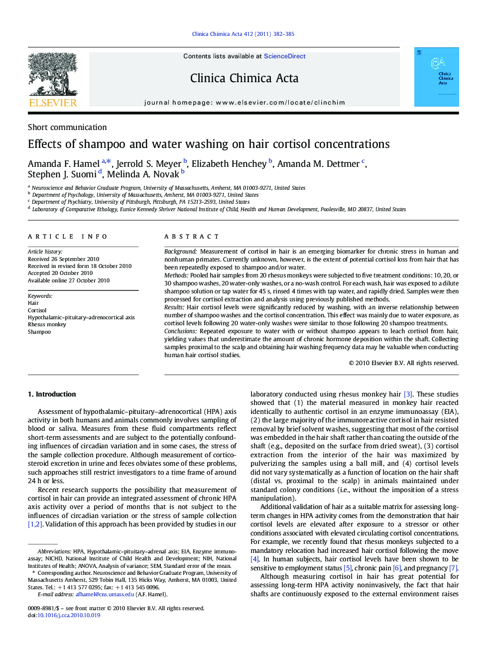 Effects of shampoo and water washing on hair cortisol concentrations