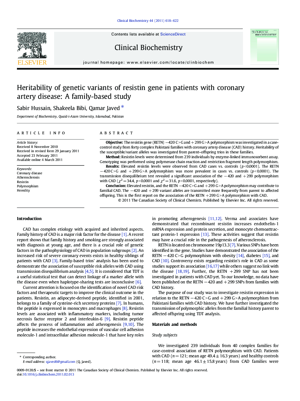 Heritability of genetic variants of resistin gene in patients with coronary artery disease: A family-based study