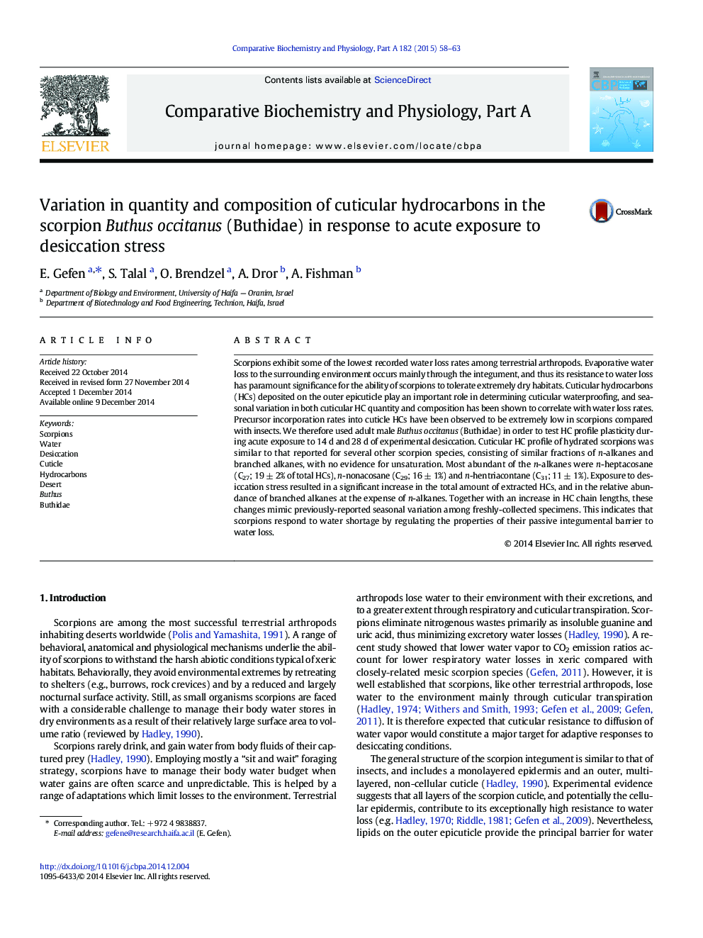 Variation in quantity and composition of cuticular hydrocarbons in the scorpion Buthus occitanus (Buthidae) in response to acute exposure to desiccation stress