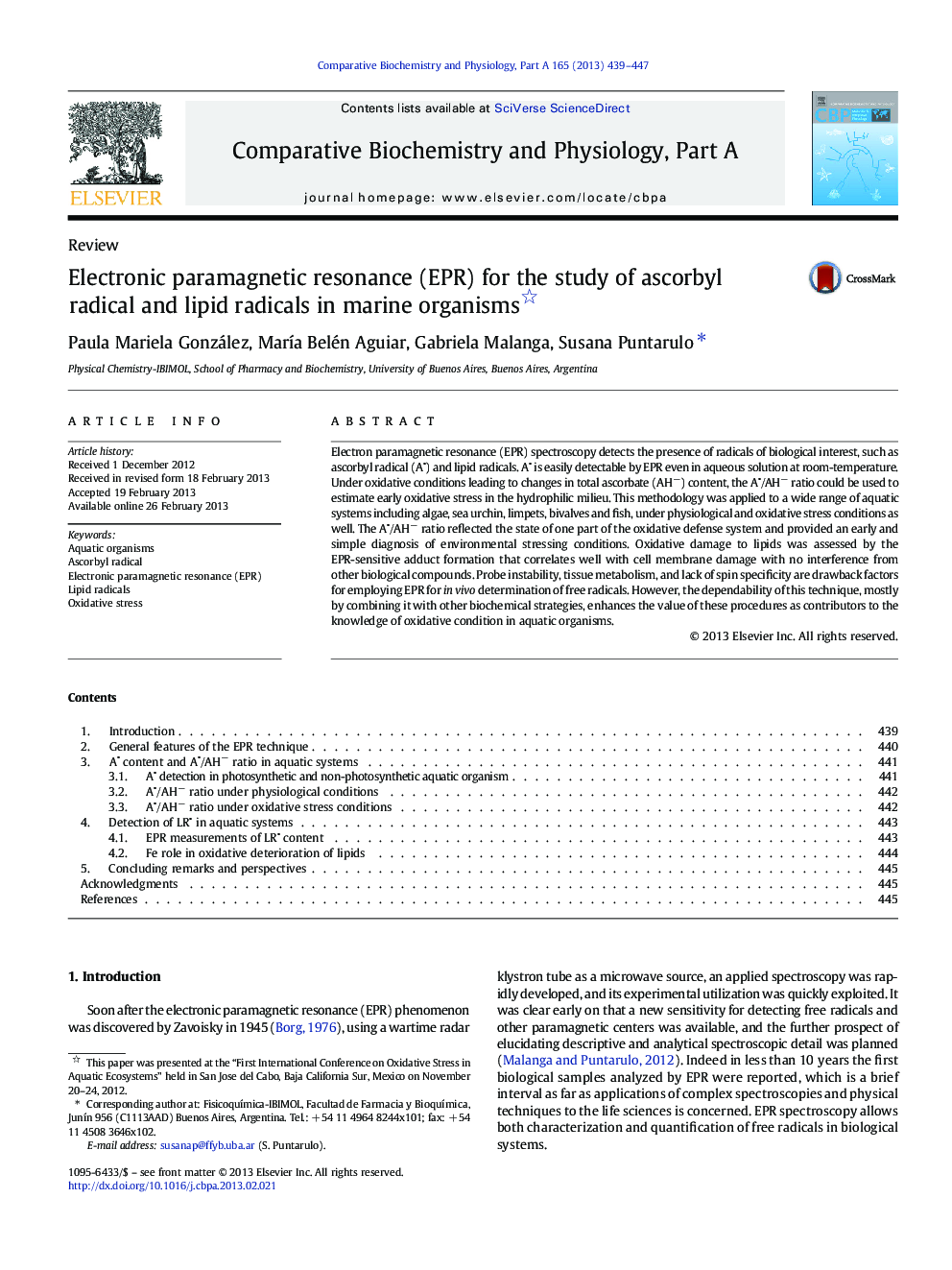 Electronic paramagnetic resonance (EPR) for the study of ascorbyl radical and lipid radicals in marine organisms 