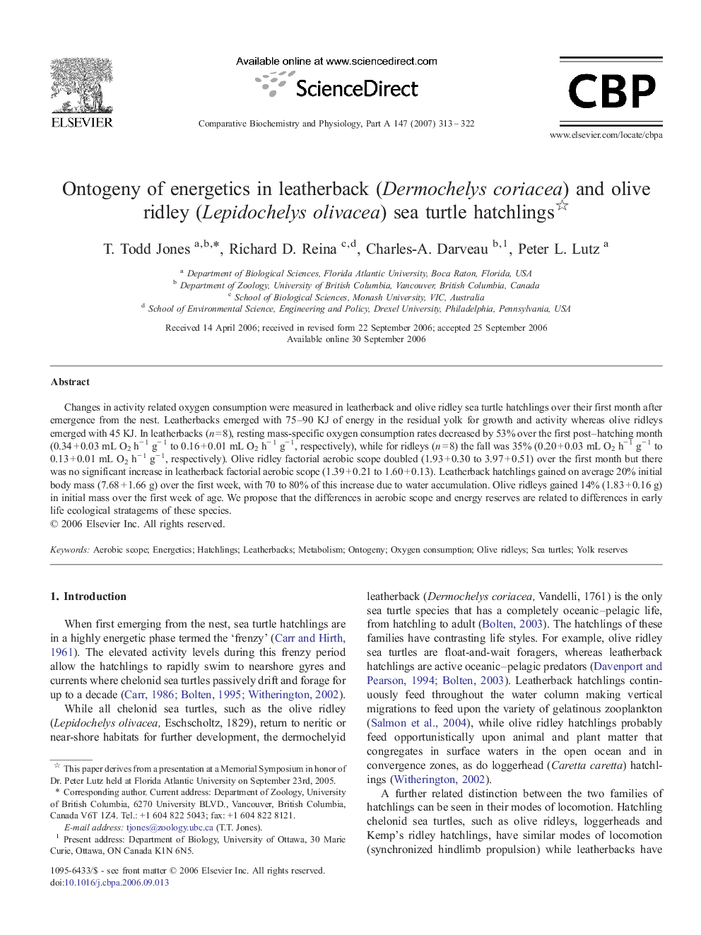 Ontogeny of energetics in leatherback (Dermochelys coriacea) and olive ridley (Lepidochelys olivacea) sea turtle hatchlings 