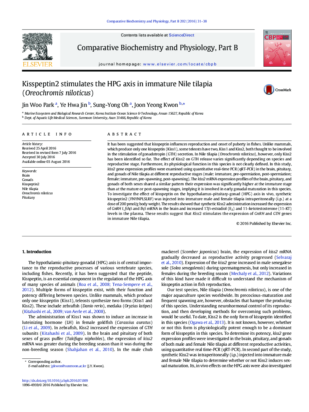 Kisspeptin2 stimulates the HPG axis in immature Nile tilapia (Oreochromis niloticus)