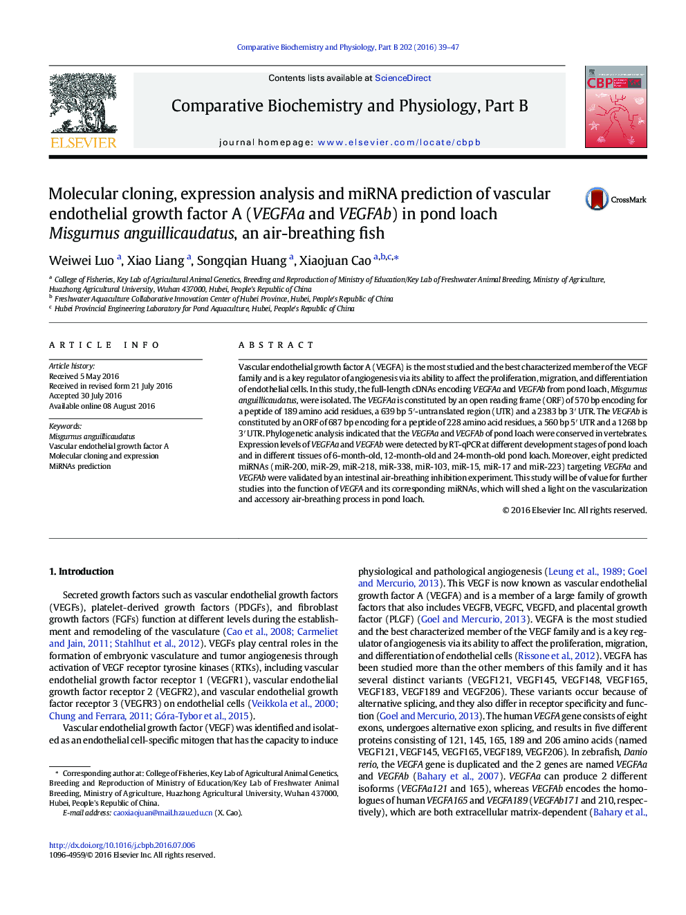 Molecular cloning, expression analysis and miRNA prediction of vascular endothelial growth factor A (VEGFAa and VEGFAb) in pond loach Misgurnus anguillicaudatus, an air-breathing fish