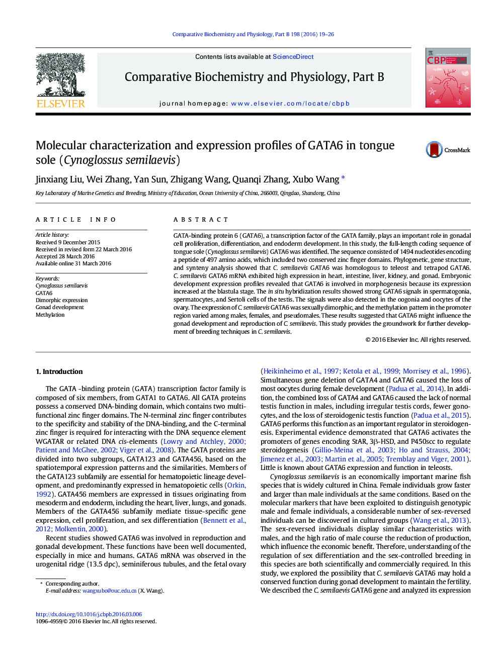 Molecular characterization and expression profiles of GATA6 in tongue sole (Cynoglossus semilaevis)