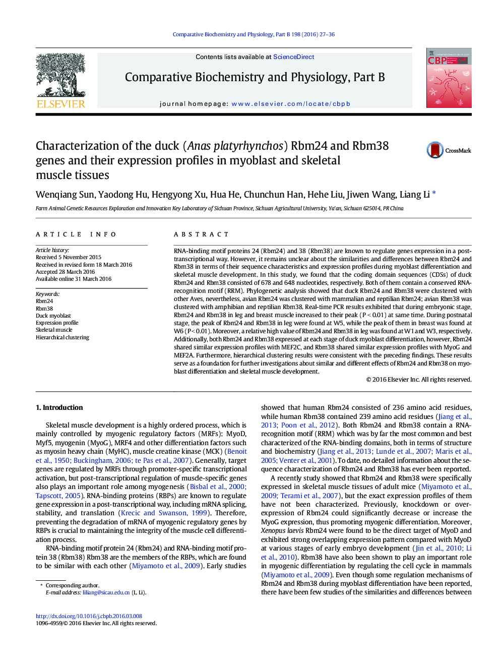 Characterization of the duck (Anas platyrhynchos) Rbm24 and Rbm38 genes and their expression profiles in myoblast and skeletal muscle tissues