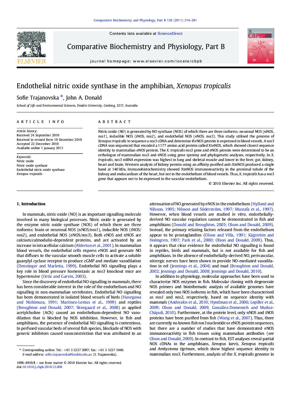 Endothelial nitric oxide synthase in the amphibian, Xenopus tropicalis