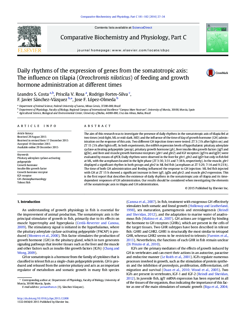 Daily rhythms of the expression of genes from the somatotropic axis: The influence on tilapia (Oreochromis niloticus) of feeding and growth hormone administration at different times