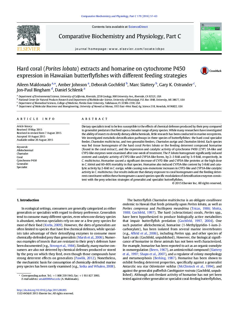 عصاره های مرجانی سخت (Porites lobata) و همارین بر روی بیان سیتوکروم P450 در Butterflyfishes هاوایی با استراتژی های مختلف تغذیه