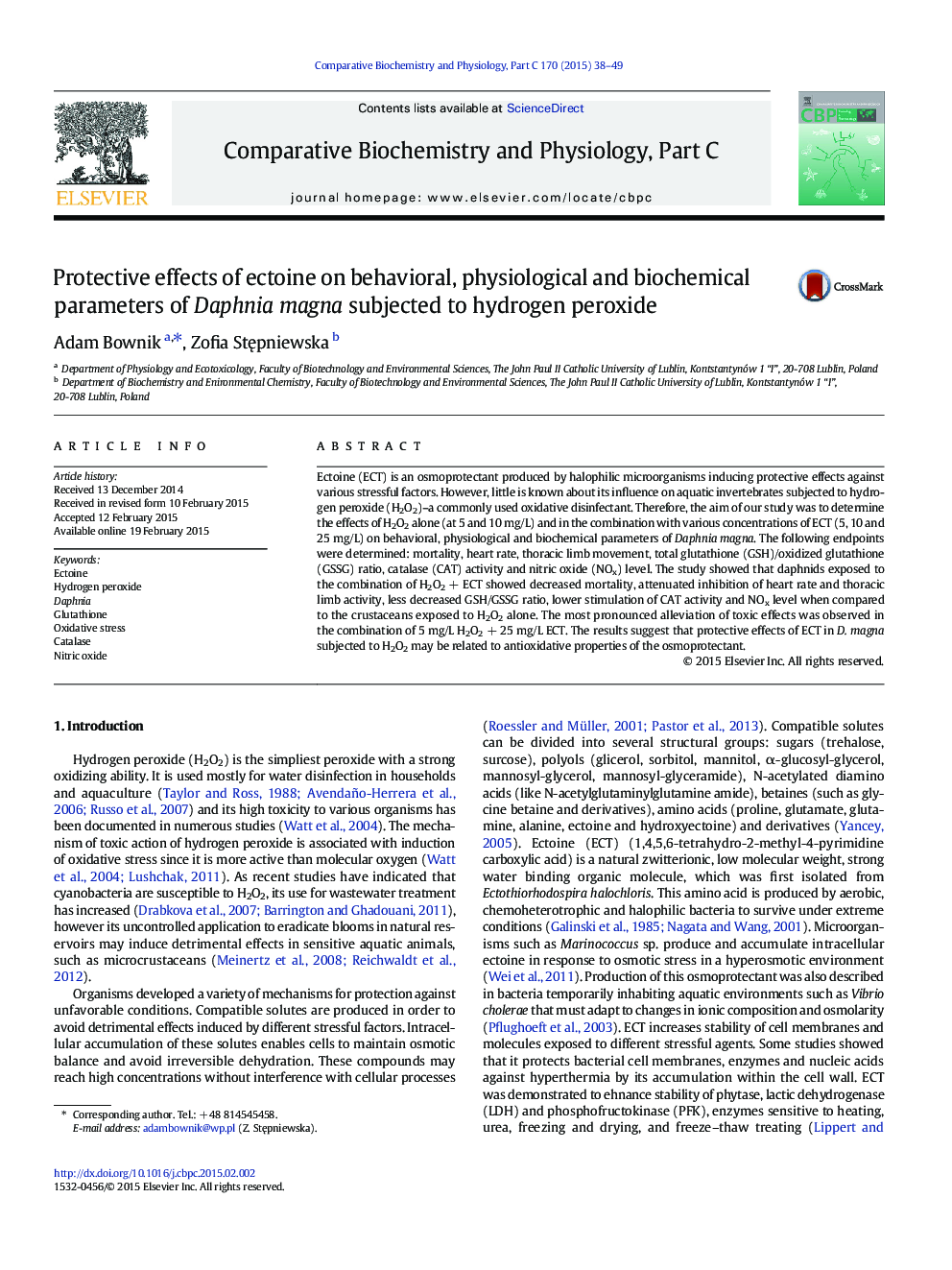 Protective effects of ectoine on behavioral, physiological and biochemical parameters of Daphnia magna subjected to hydrogen peroxide