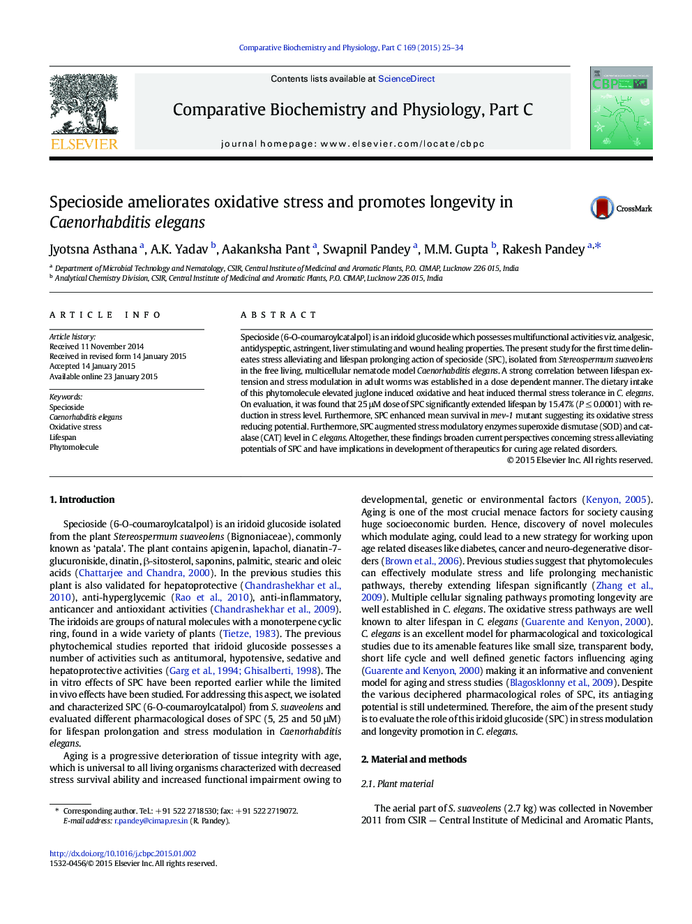 Specioside ameliorates oxidative stress and promotes longevity in Caenorhabditis elegans