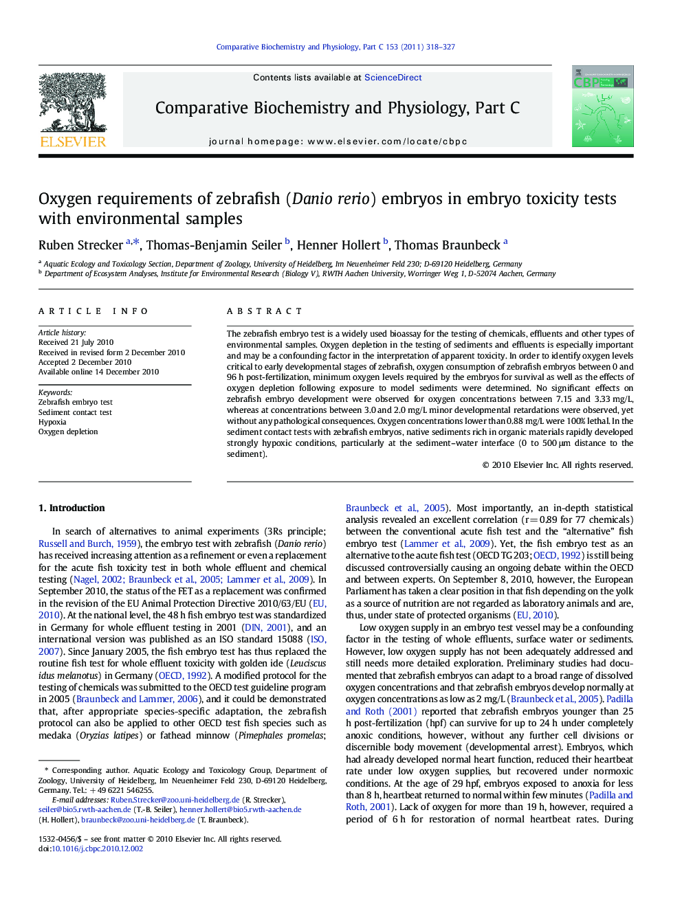 Oxygen requirements of zebrafish (Danio rerio) embryos in embryo toxicity tests with environmental samples