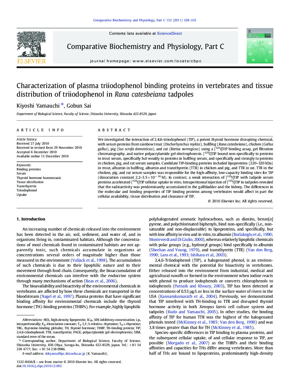 Characterization of plasma triiodophenol binding proteins in vertebrates and tissue distribution of triiodophenol in Rana catesbeiana tadpoles