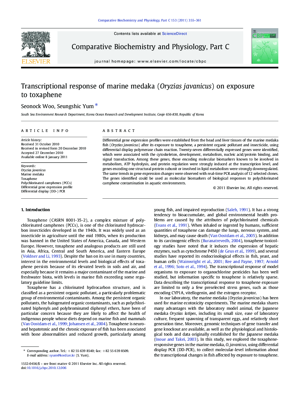 Transcriptional response of marine medaka (Oryzias javanicus) on exposure to toxaphene