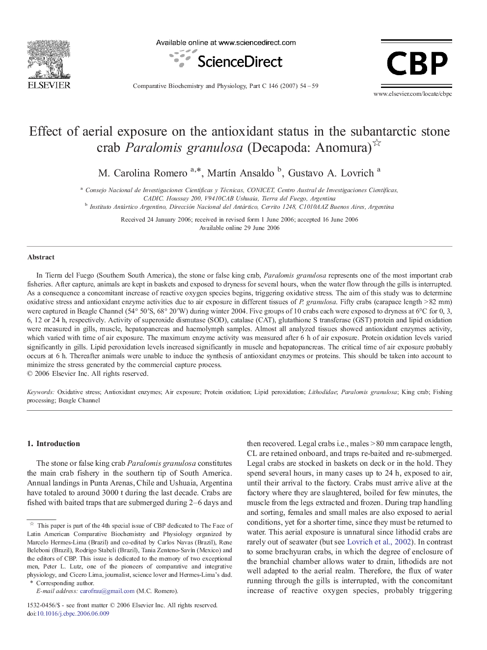 Effect of aerial exposure on the antioxidant status in the subantarctic stone crab Paralomis granulosa (Decapoda: Anomura) 