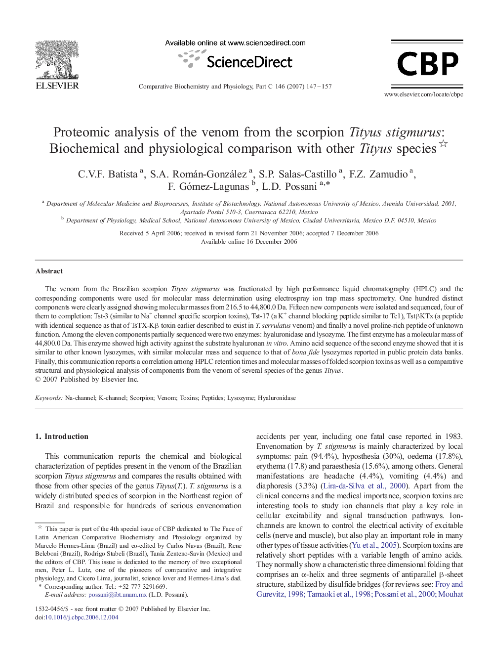 Proteomic analysis of the venom from the scorpion Tityus stigmurus: Biochemical and physiological comparison with other Tityus species 