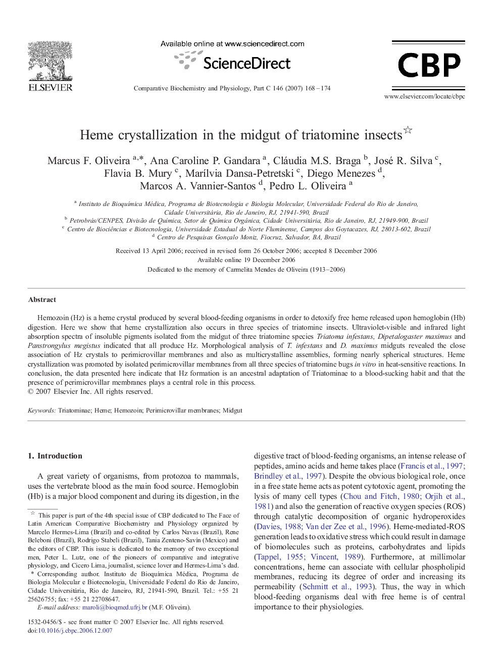 Heme crystallization in the midgut of triatomine insects 