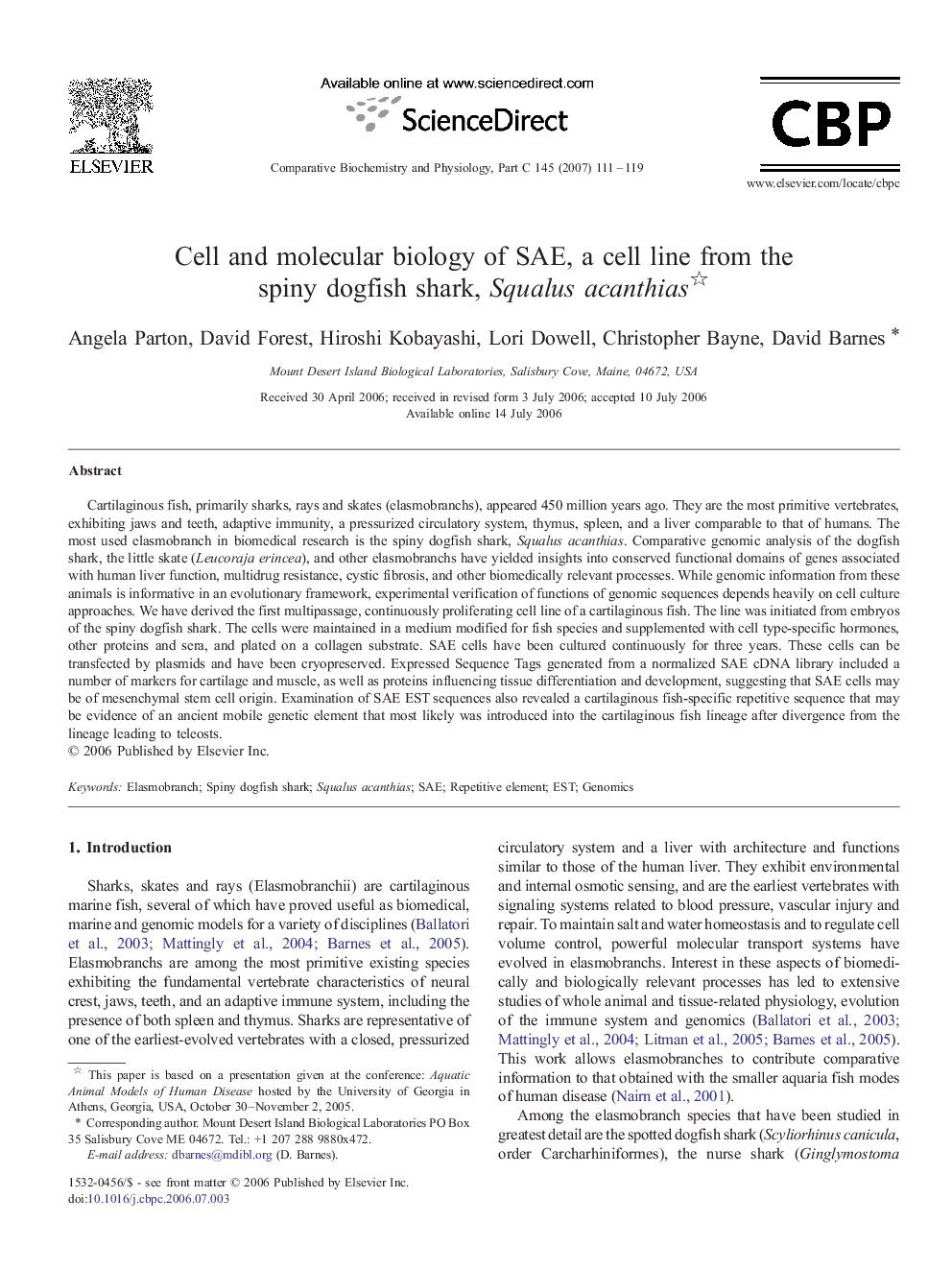 Cell and molecular biology of SAE, a cell line from the spiny dogfish shark, Squalus acanthias 