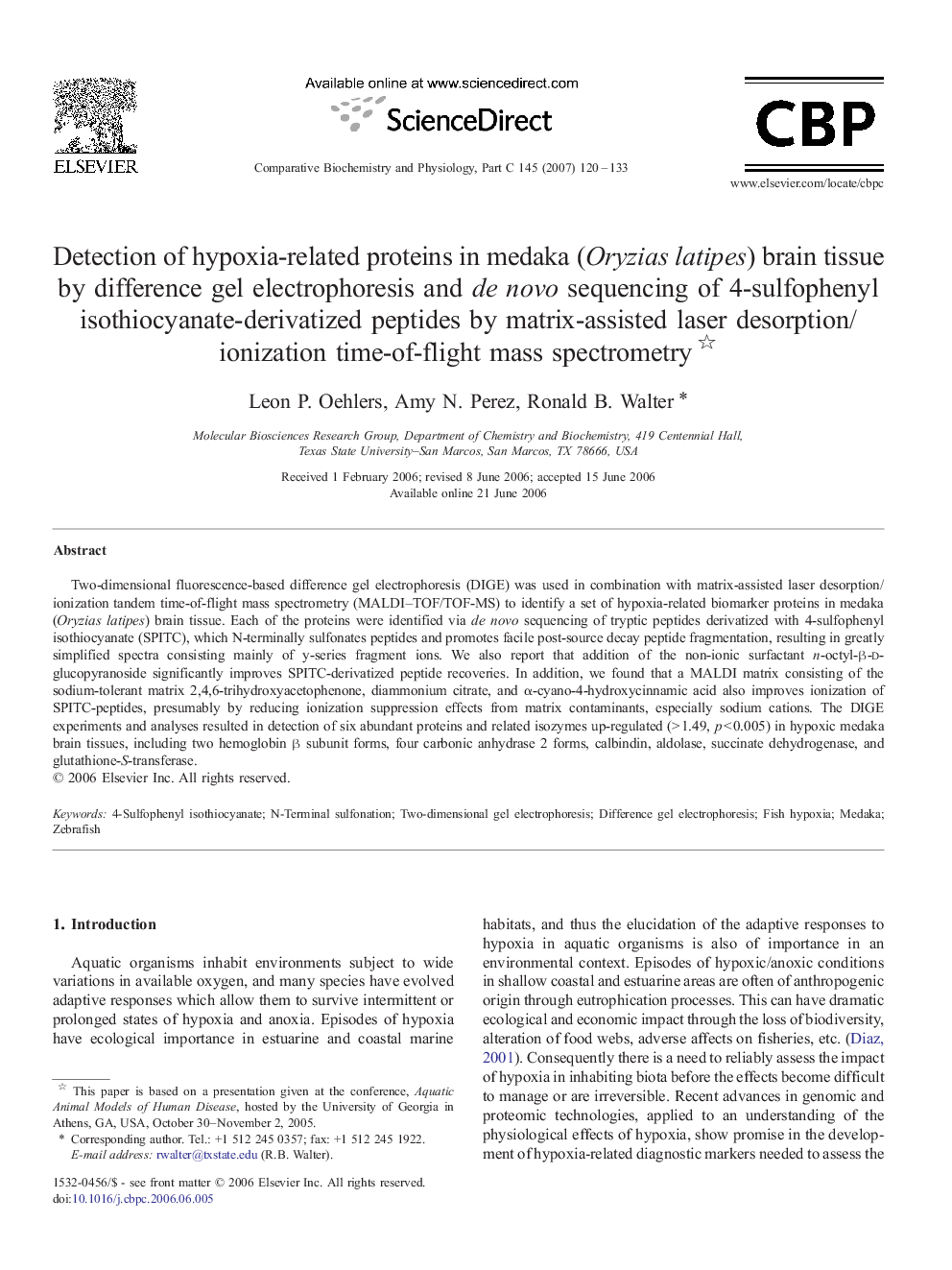 Detection of hypoxia-related proteins in medaka (Oryzias latipes) brain tissue by difference gel electrophoresis and de novo sequencing of 4-sulfophenyl isothiocyanate-derivatized peptides by matrix-assisted laser desorption/ionization time-of-flight mass