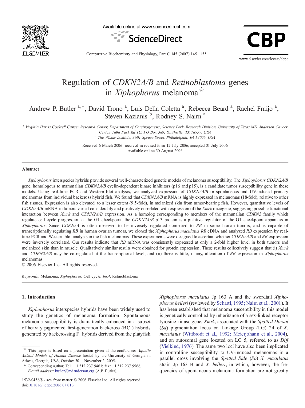 Regulation of CDKN2A/B and Retinoblastoma genes in Xiphophorus melanoma 