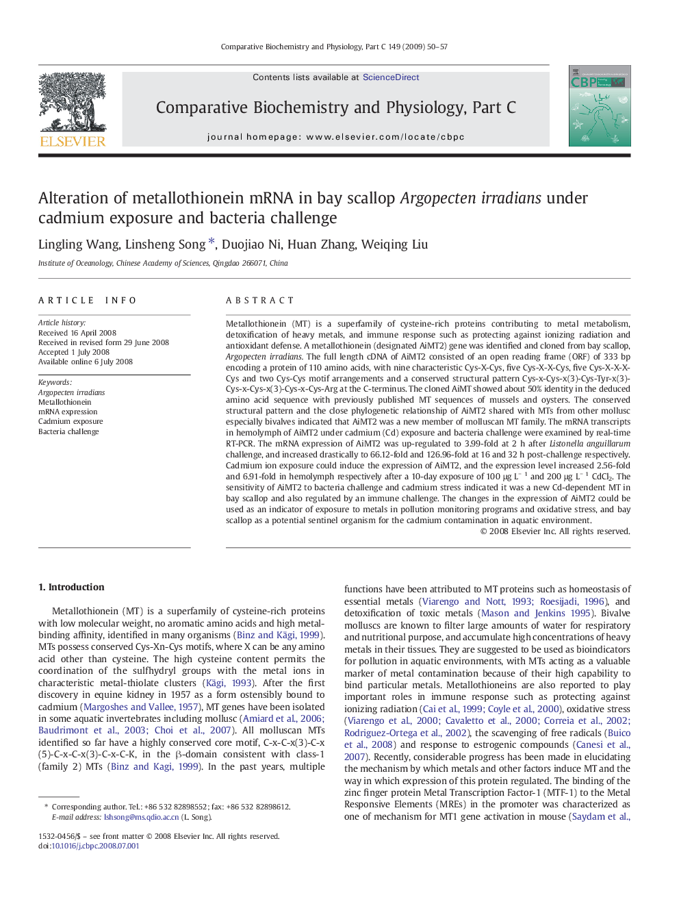 Alteration of metallothionein mRNA in bay scallop Argopecten irradians under cadmium exposure and bacteria challenge