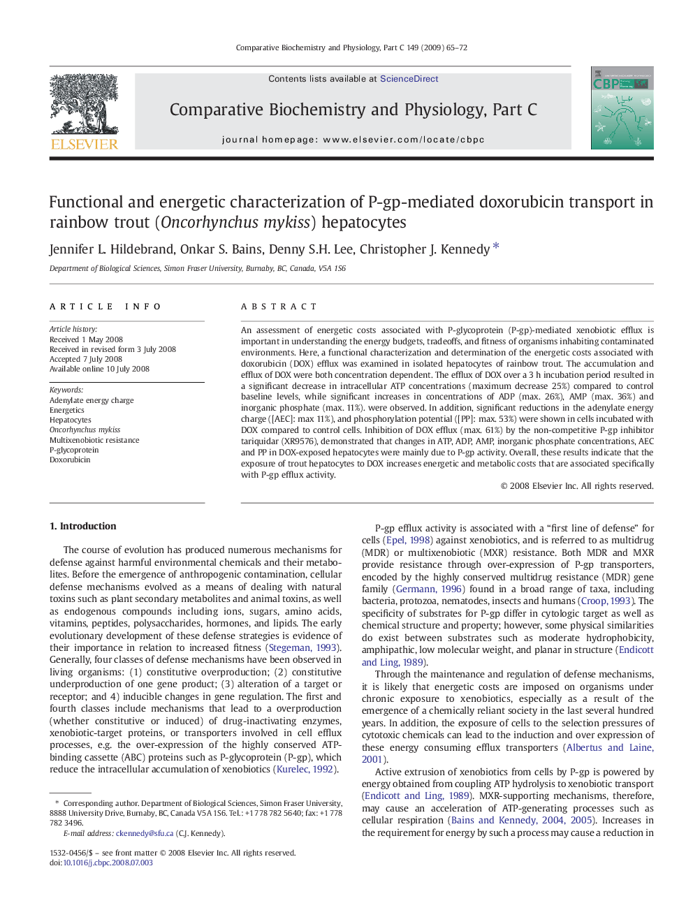 Functional and energetic characterization of P-gp-mediated doxorubicin transport in rainbow trout (Oncorhynchus mykiss) hepatocytes