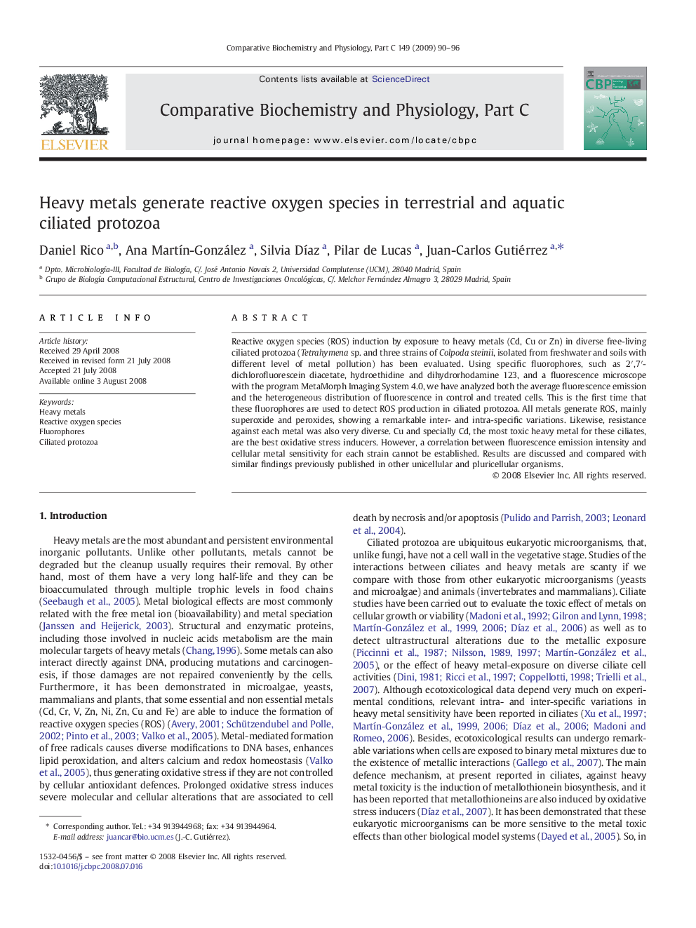 Heavy metals generate reactive oxygen species in terrestrial and aquatic ciliated protozoa