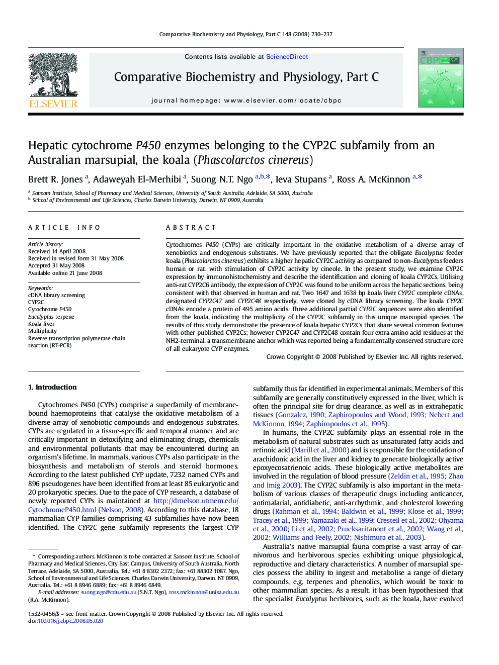 Hepatic cytochrome P450 enzymes belonging to the CYP2C subfamily from an Australian marsupial, the koala (Phascolarctos cinereus)