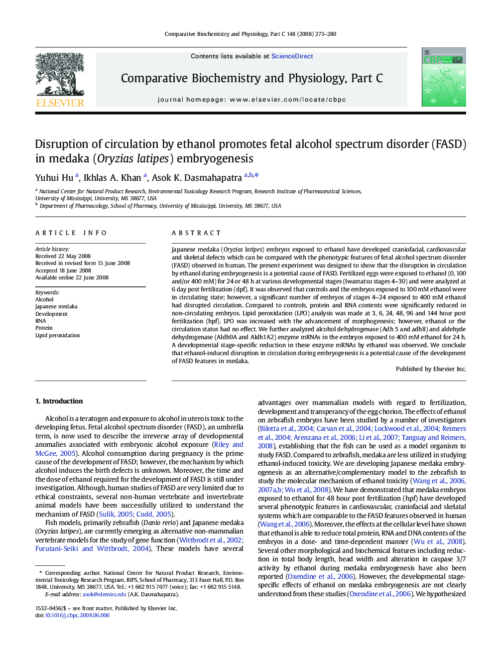 Disruption of circulation by ethanol promotes fetal alcohol spectrum disorder (FASD) in medaka (Oryzias latipes) embryogenesis