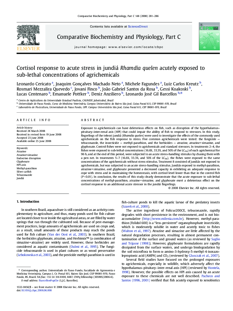 Cortisol response to acute stress in jundiá Rhamdia quelen acutely exposed to sub-lethal concentrations of agrichemicals