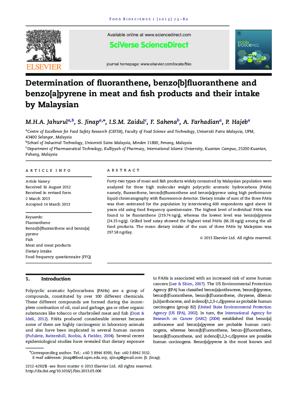 Determination of fluoranthene, benzo[b]fluoranthene and benzo[a]pyrene in meat and fish products and their intake by Malaysian