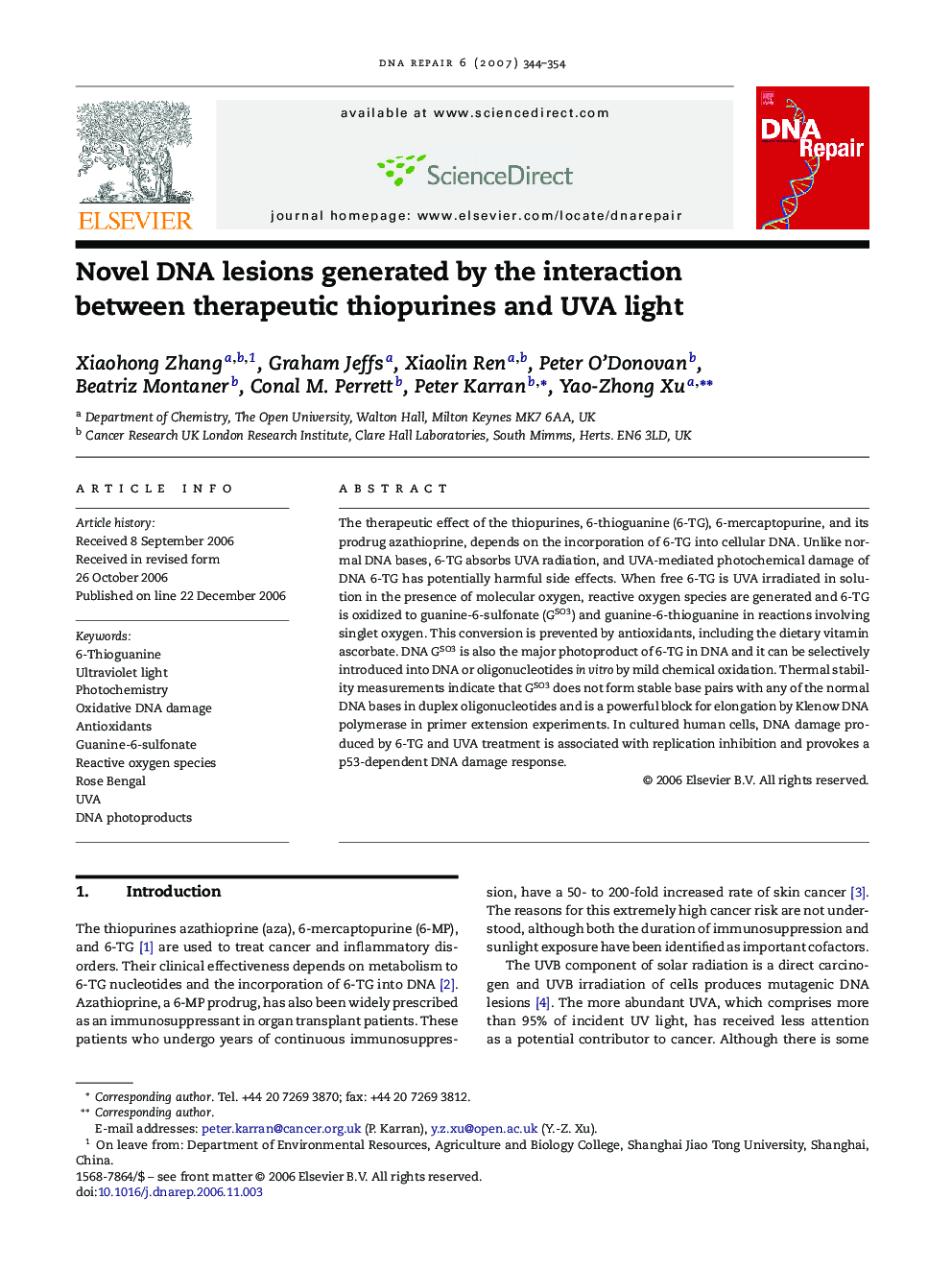 Novel DNA lesions generated by the interaction between therapeutic thiopurines and UVA light
