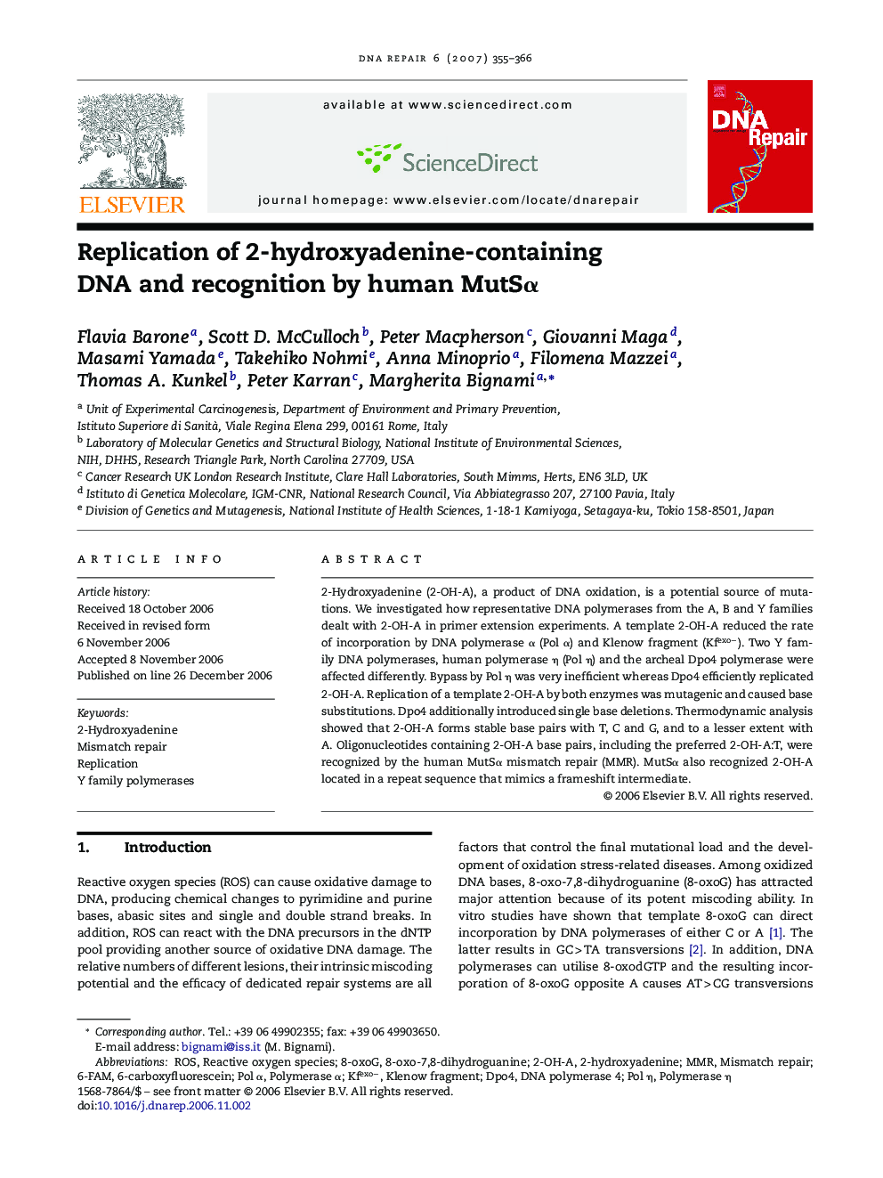 Replication of 2-hydroxyadenine-containing DNA and recognition by human MutSα