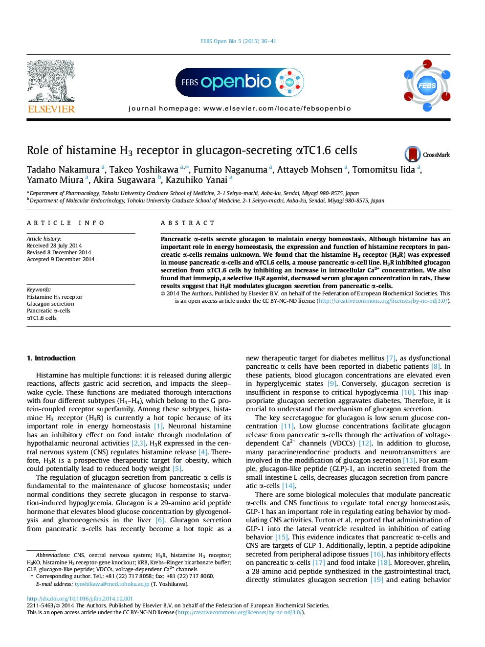Role of histamine H3 receptor in glucagon-secreting αTC1.6 cells