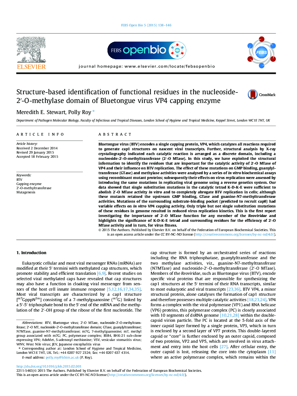 Structure-based identification of functional residues in the nucleoside-2â²-O-methylase domain of Bluetongue virus VP4 capping enzyme