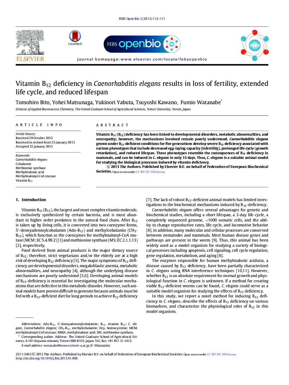 Vitamin B12 deficiency in Caenorhabditis elegans results in loss of fertility, extended life cycle, and reduced lifespan