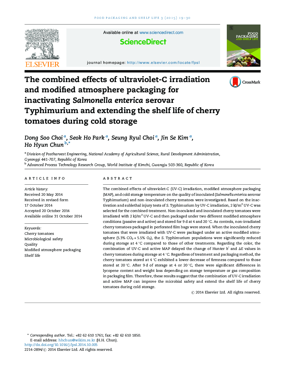 The combined effects of ultraviolet-C irradiation and modified atmosphere packaging for inactivating Salmonella enterica serovar Typhimurium and extending the shelf life of cherry tomatoes during cold storage