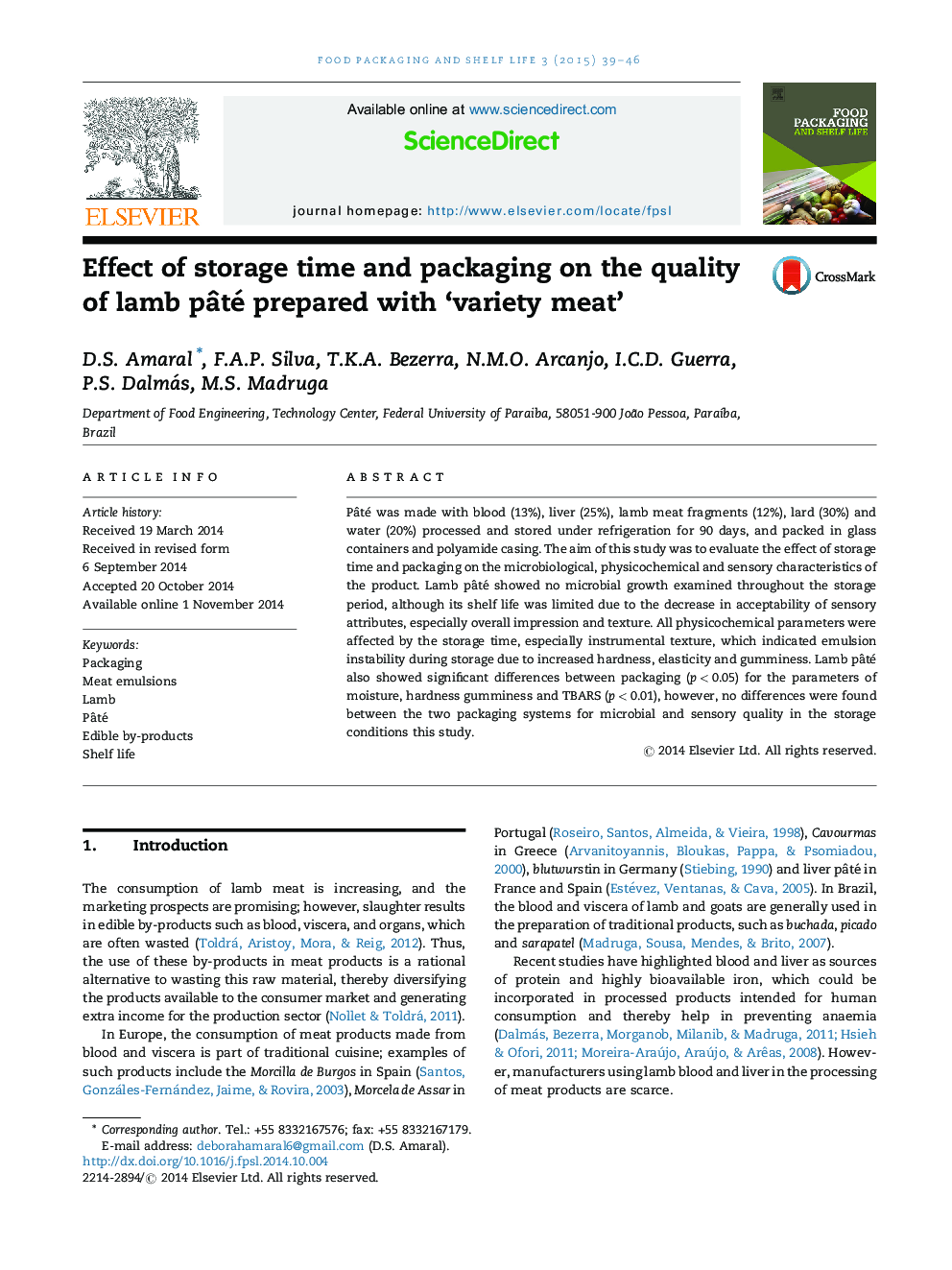 Effect of storage time and packaging on the quality of lamb pâté prepared with ‘variety meat’