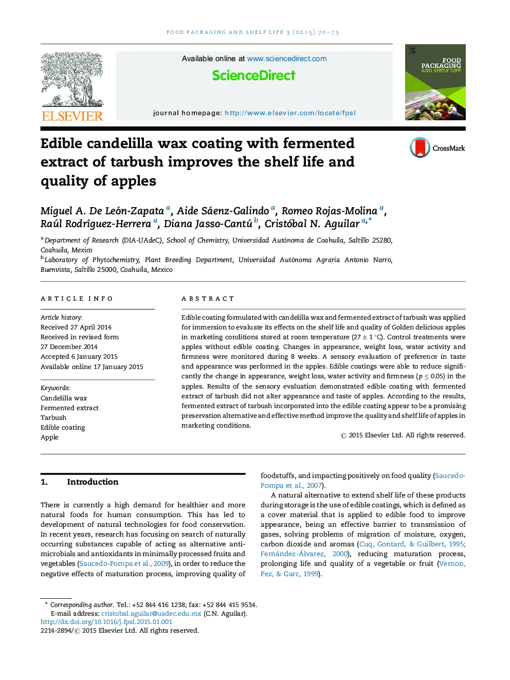 Edible candelilla wax coating with fermented extract of tarbush improves the shelf life and quality of apples