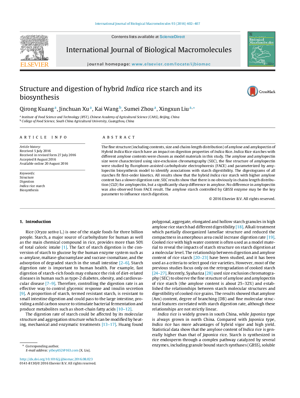 Structure and digestion of hybrid Indica rice starch and its biosynthesis