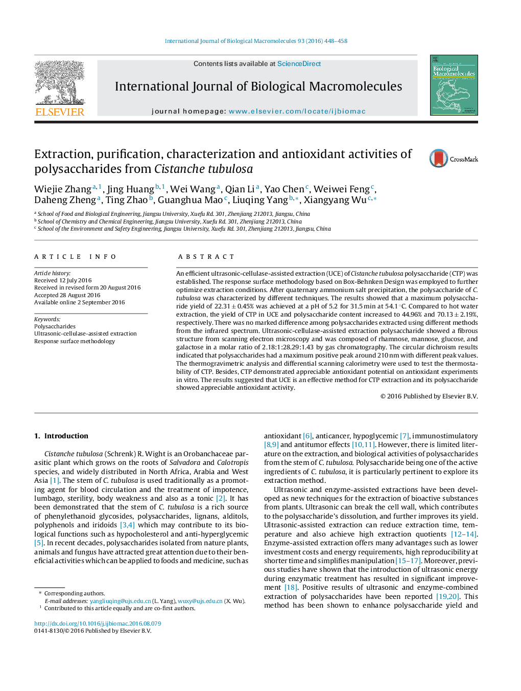 Extraction, purification, characterization and antioxidant activities of polysaccharides from Cistanche tubulosa