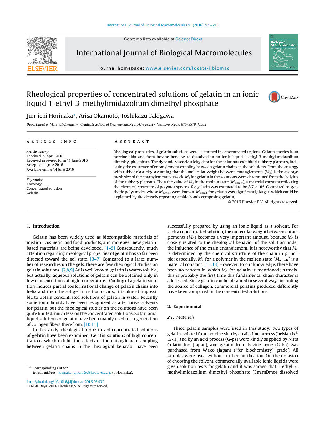 Rheological properties of concentrated solutions of gelatin in an ionic liquid 1-ethyl-3-methylimidazolium dimethyl phosphate