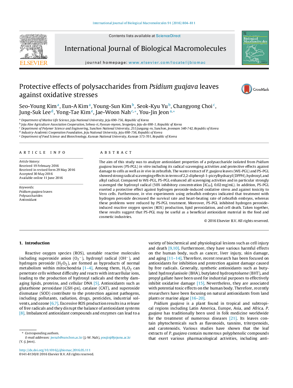 Protective effects of polysaccharides from Psidium guajava leaves against oxidative stresses