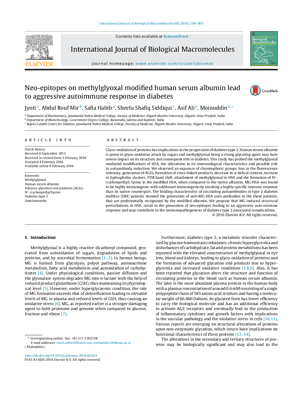 Neo-epitopes on methylglyoxal modified human serum albumin lead to aggressive autoimmune response in diabetes