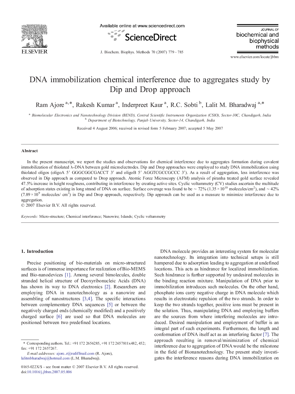 DNA immobilization chemical interference due to aggregates study by Dip and Drop approach