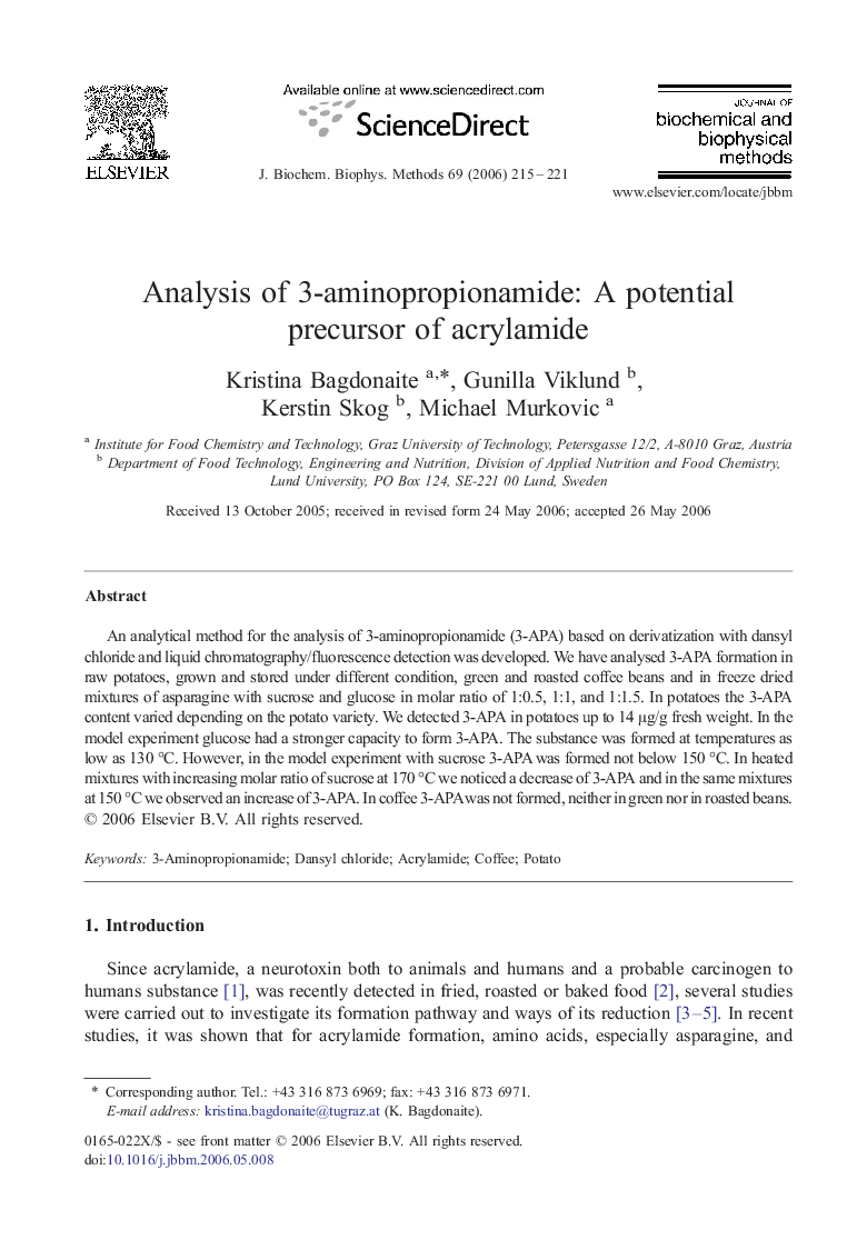 Analysis of 3-aminopropionamide: A potential precursor of acrylamide