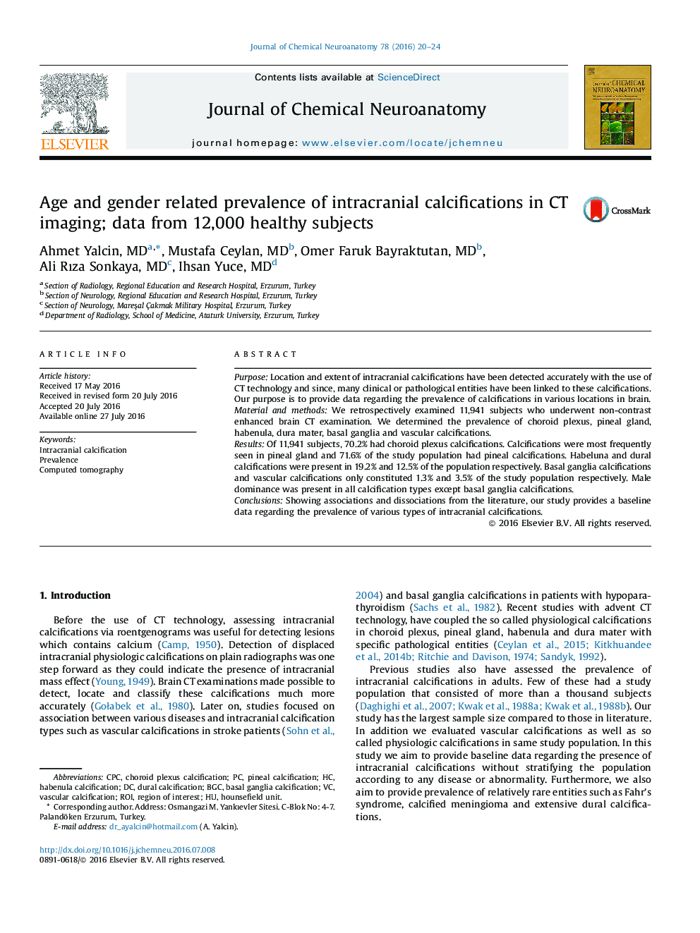 سن و شیوع مربوط به جنسیت از کلسیفیکاسیون داخل جمجمه در تصویربرداری CT؛ داده ها از 12000 نفر از افراد سالم