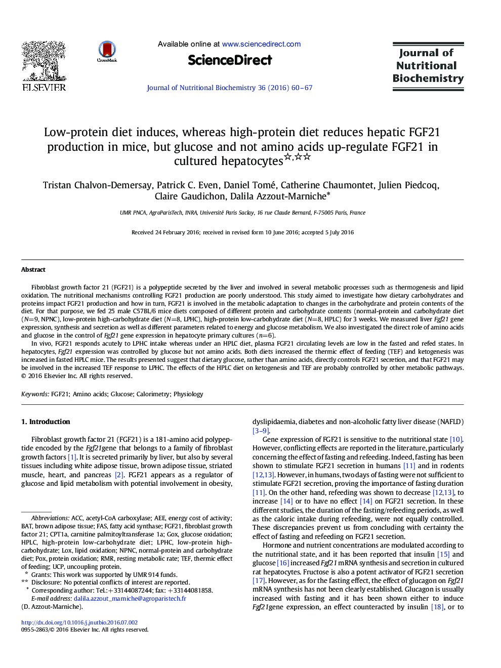 Low-protein diet induces, whereas high-protein diet reduces hepatic FGF21 production in mice, but glucose and not amino acids up-regulate FGF21 in cultured hepatocytes