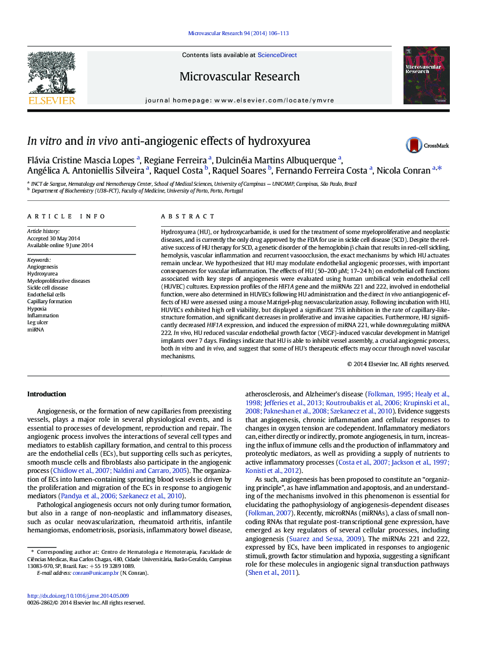 In vitro and in vivo anti-angiogenic effects of hydroxyurea