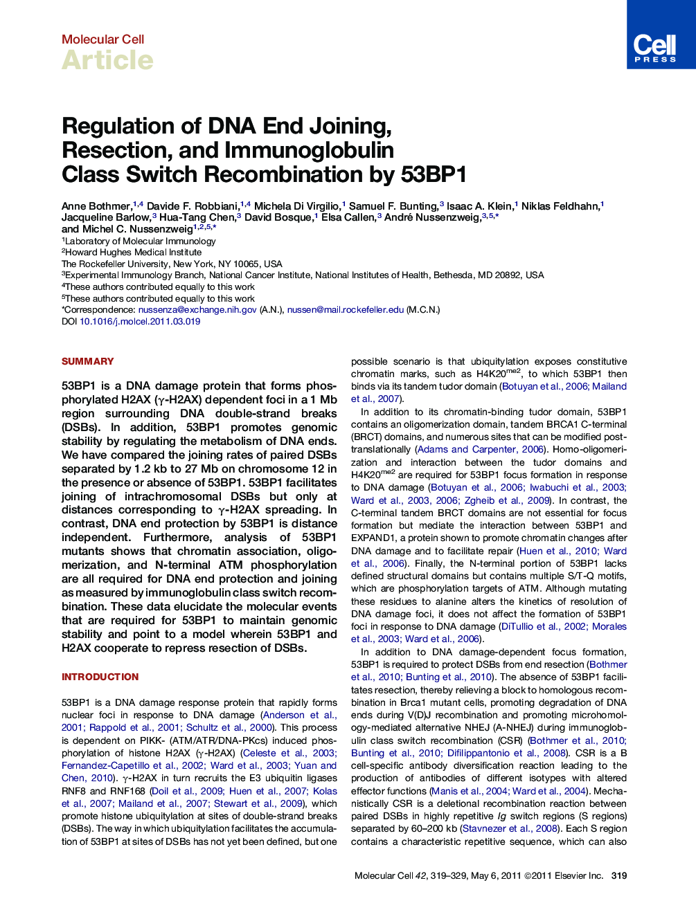Regulation of DNA End Joining, Resection, and Immunoglobulin Class Switch Recombination by 53BP1